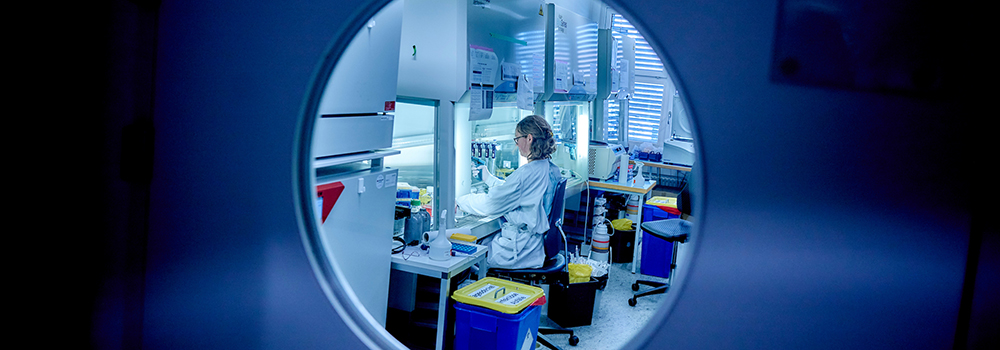 Blick durch rundes Türfenster in Labor. Laborantin sitzt am Tisch und arbeitet